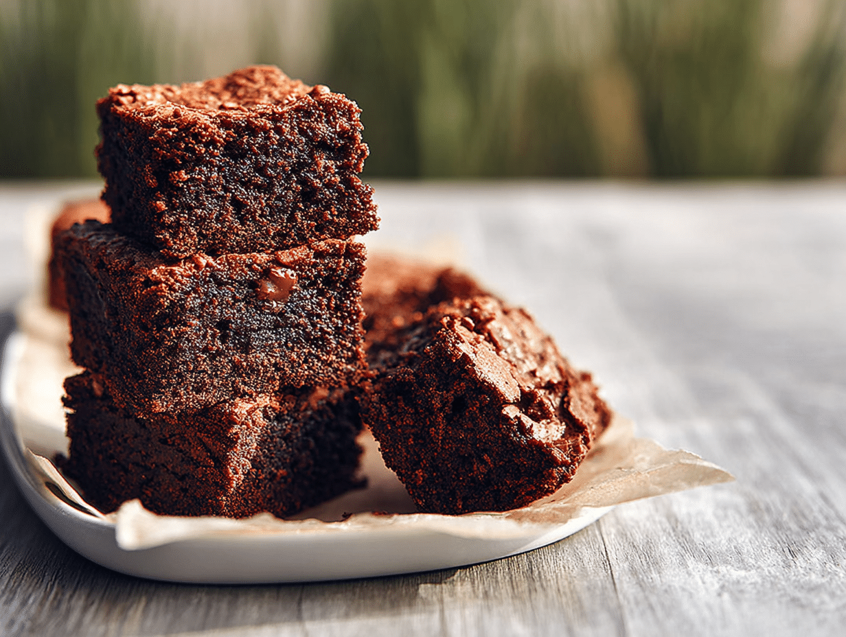 Fudgy almond flour brownies stacked on a wooden board