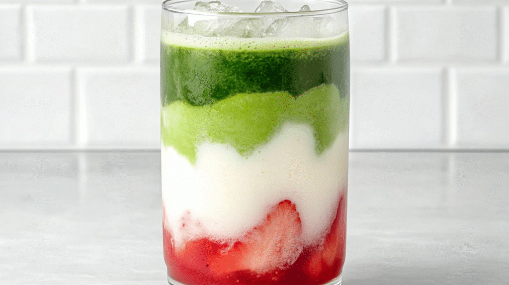 Strawberry matcha latte with layers of fresh strawberries, milk, and green tea in a clear glass