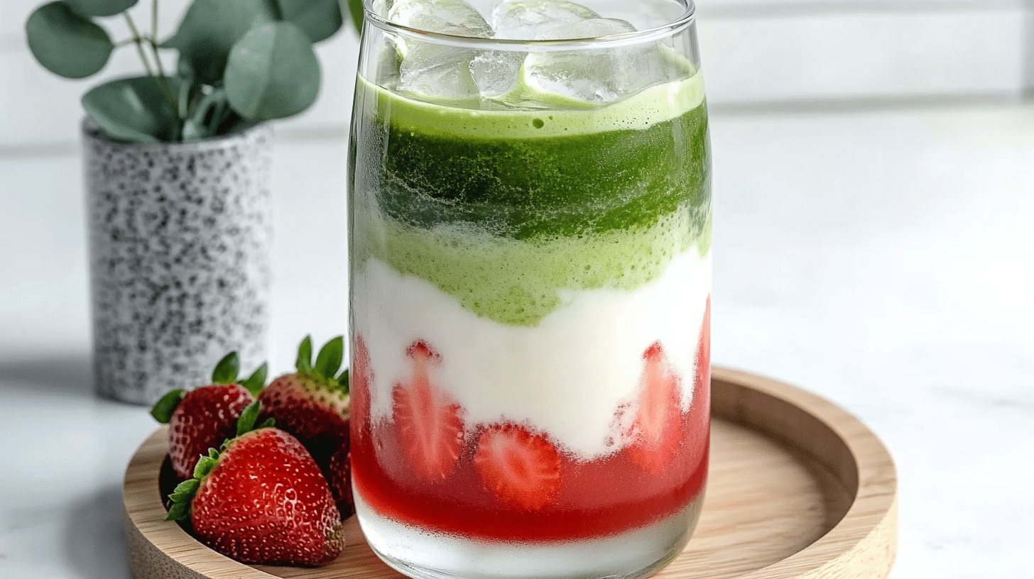Strawberry matcha latte served in a clear glass with fresh strawberries on a wooden tray