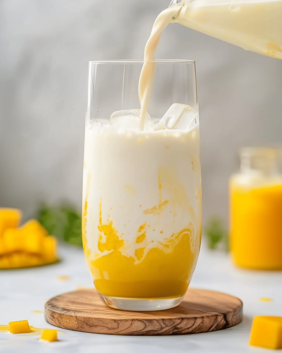pouring milk over mango for latte