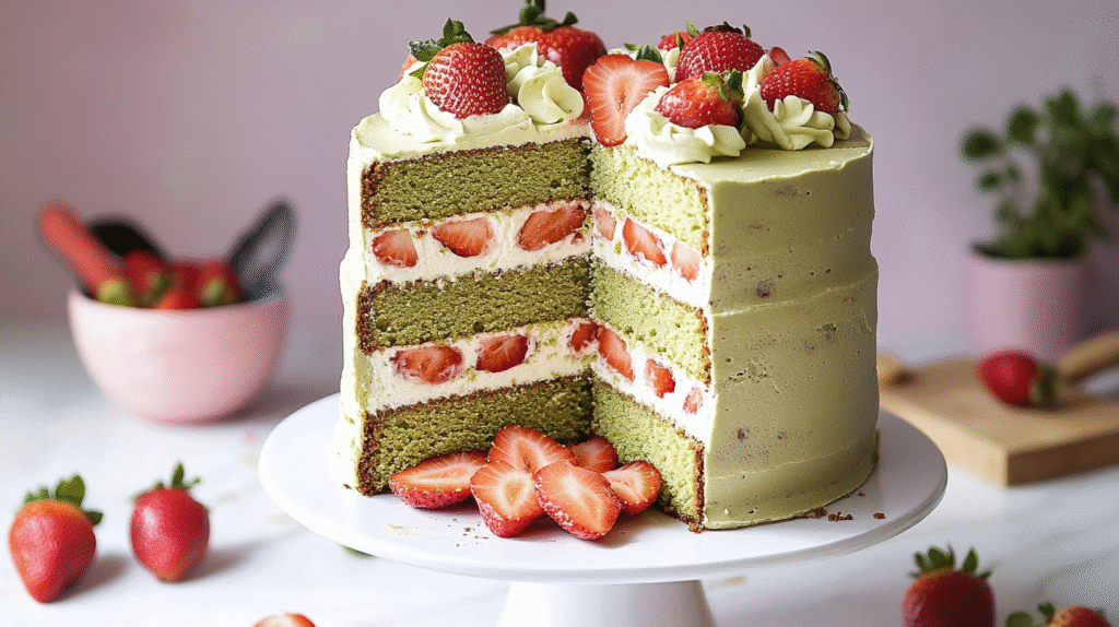 Strawberry Matcha Cake with Cream and Fresh Strawberries
