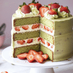 Strawberry Matcha Cake with Cream and Fresh Strawberries