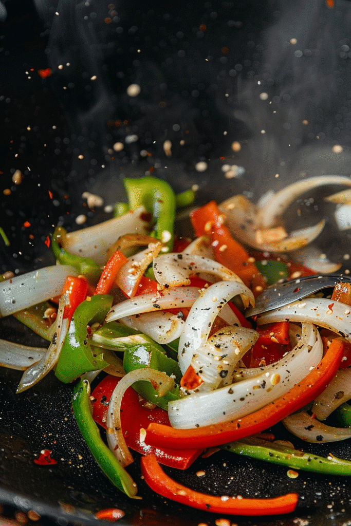 Stir-frying black pepper chicken in a wok