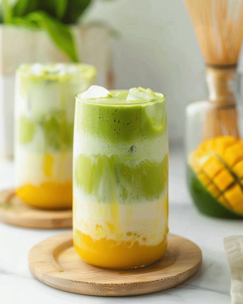 iced mango matcha latte in layered glass