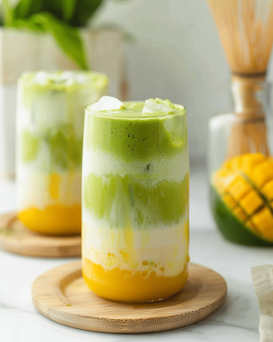 iced mango matcha latte in layered glass