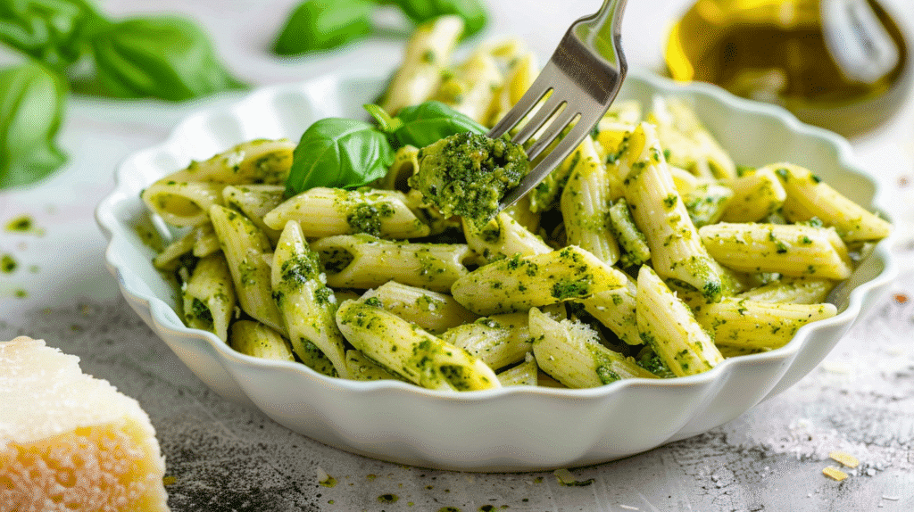 Creamy pesto pasta served with fresh basil and parmesan