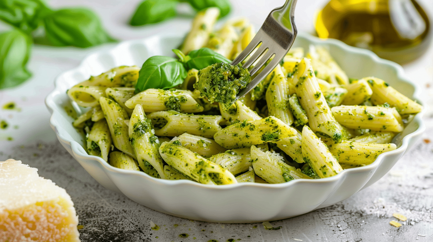 Creamy pesto pasta served with fresh basil and parmesan
