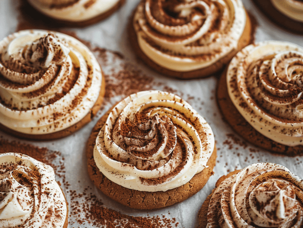 Soft tiramisu cookies topped with cream and cocoa