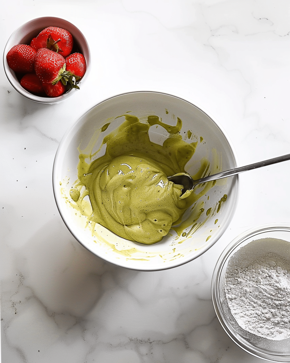 Strawberry matcha cake batter being mixed in white bowl