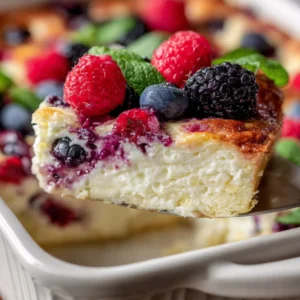 Slice of high protein triple berry bake with raspberries, blackberries, and blueberries