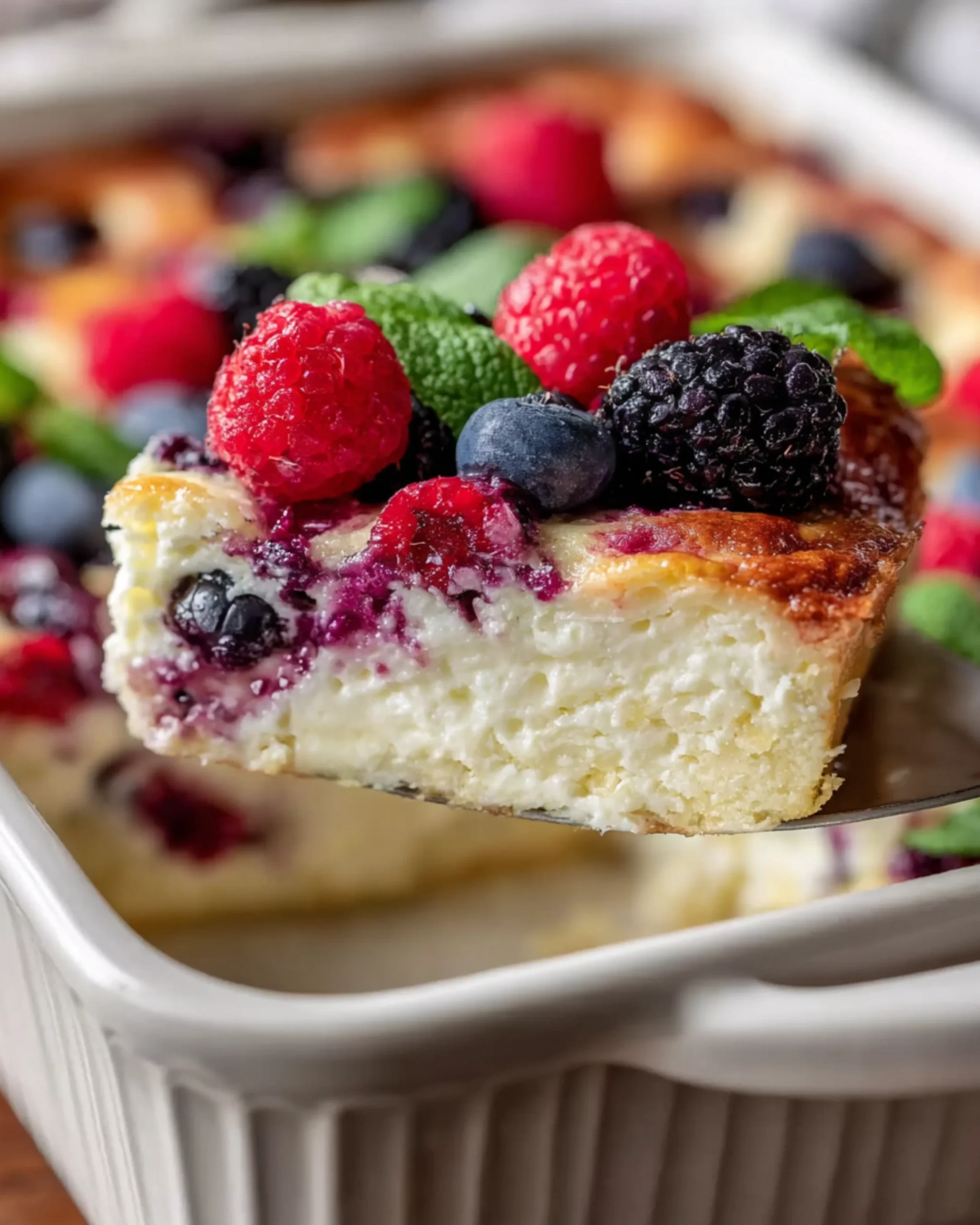Slice of high protein triple berry bake with raspberries, blackberries, and blueberries