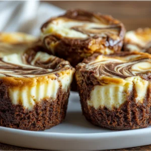 Brownie cheesecake cups with marbled cream cheese swirl on a white plate