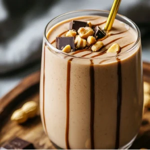 Peanut butter coffee smoothie in a glass with banana and coffee beans