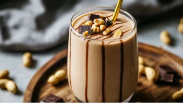 Peanut butter coffee smoothie in a glass with banana and coffee beans