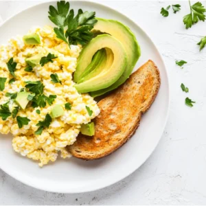 Cottage cheese eggs served with toast and avocado
