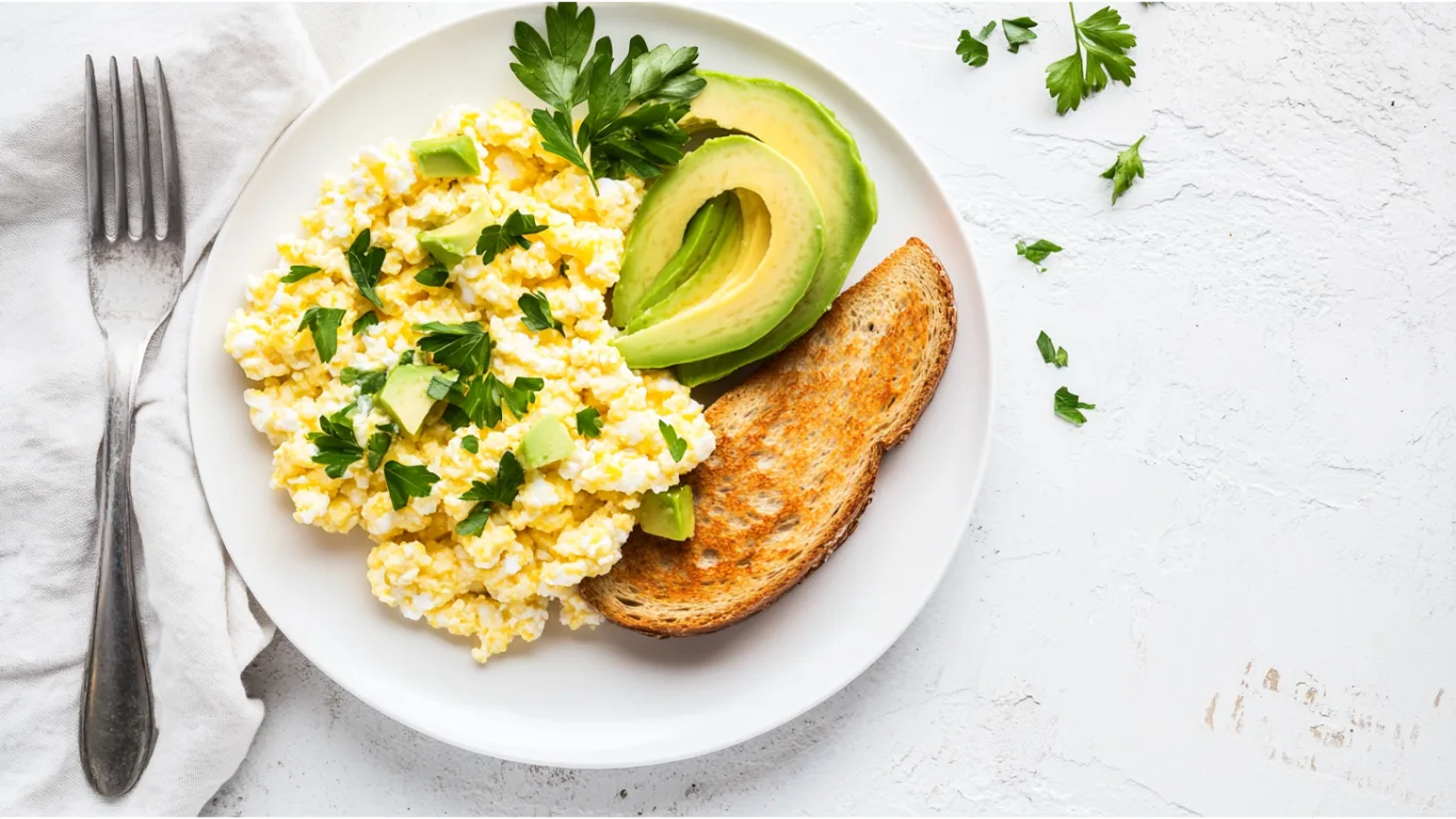 Cottage cheese eggs served with toast and avocado