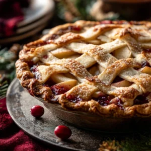 Apple cranberry pie on rustic holiday table