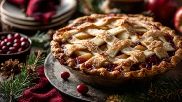 Apple cranberry pie on rustic holiday table