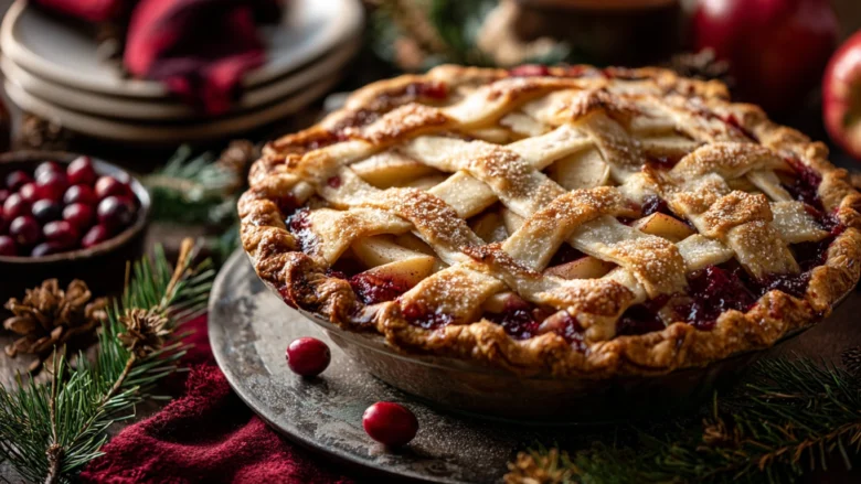 Apple cranberry pie on rustic holiday table