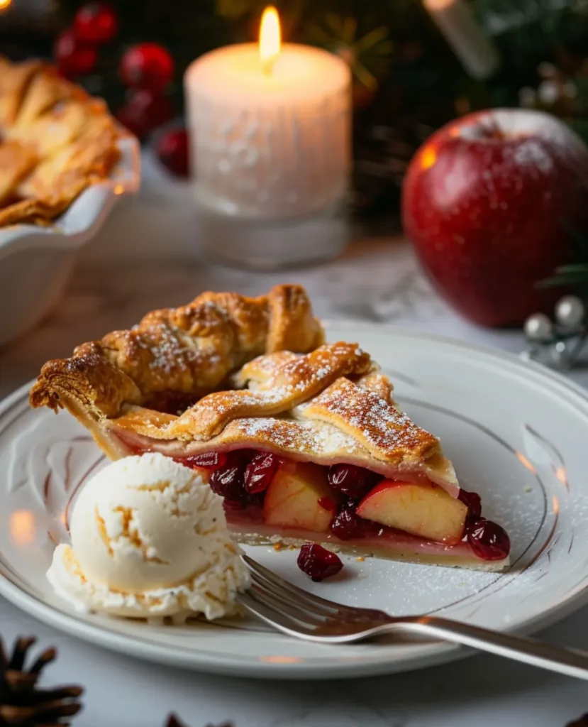 Slice of apple cranberry pie with ice cream