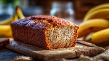 Best banana bread sliced on table with ripe bananas