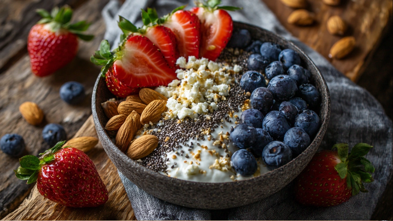 Cottage Cheese Protein Power Bowl with fruit and nuts