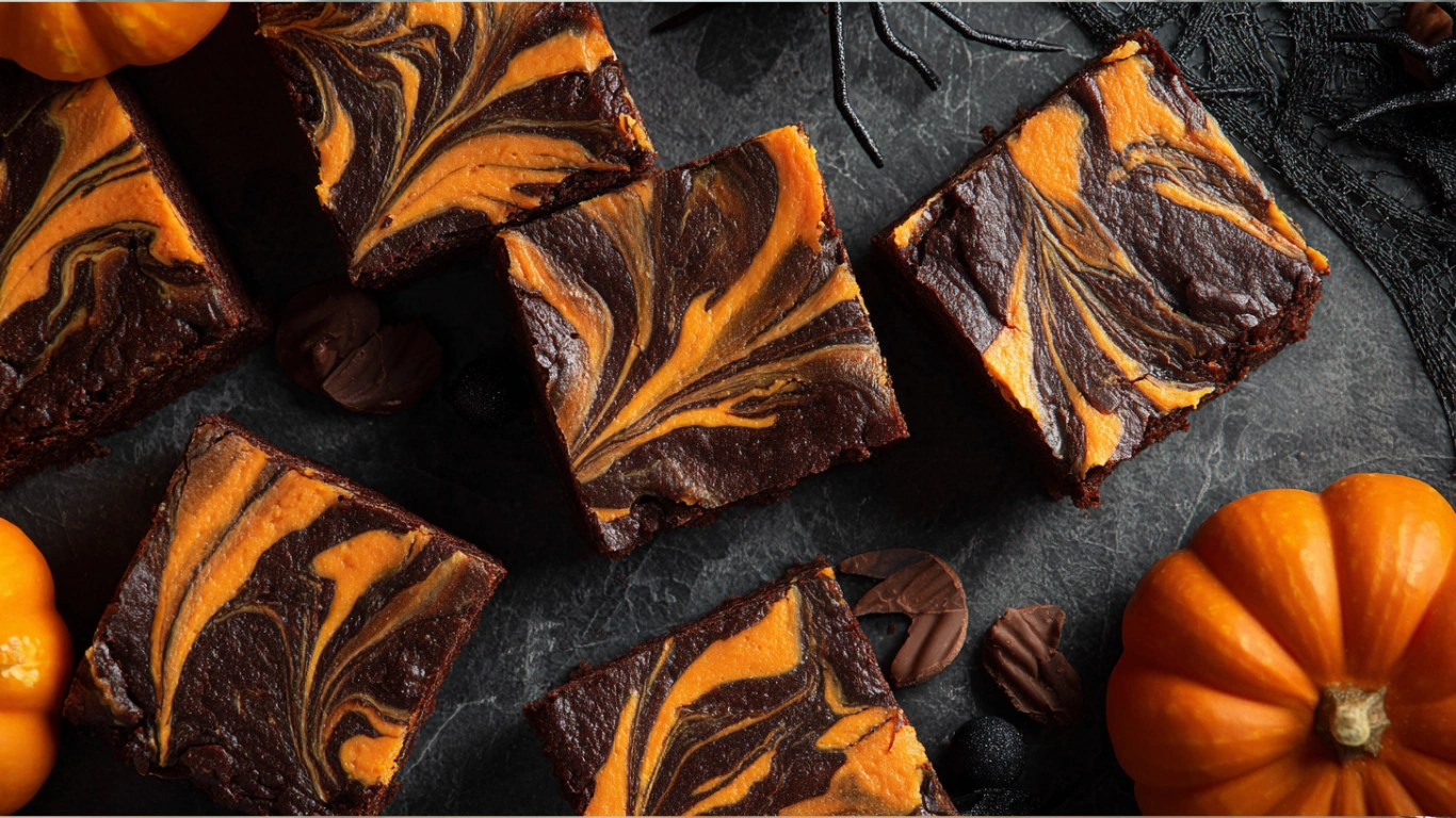 Halloween cream cheese swirl brownies with orange swirl