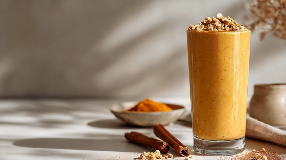 Healthy pumpkin smoothie recipe served in tall glass with cinnamon