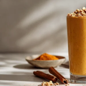 Healthy pumpkin smoothie recipe served in tall glass with cinnamon