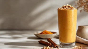 Healthy pumpkin smoothie recipe served in tall glass with cinnamon