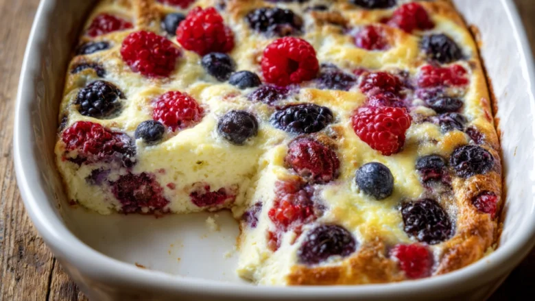 High protein triple berry bake in white dish with baked raspberries, blueberries, and blackberries