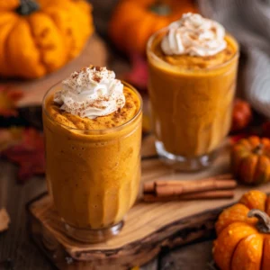 Healthy pumpkin smoothies topped with whipped cream and cinnamon