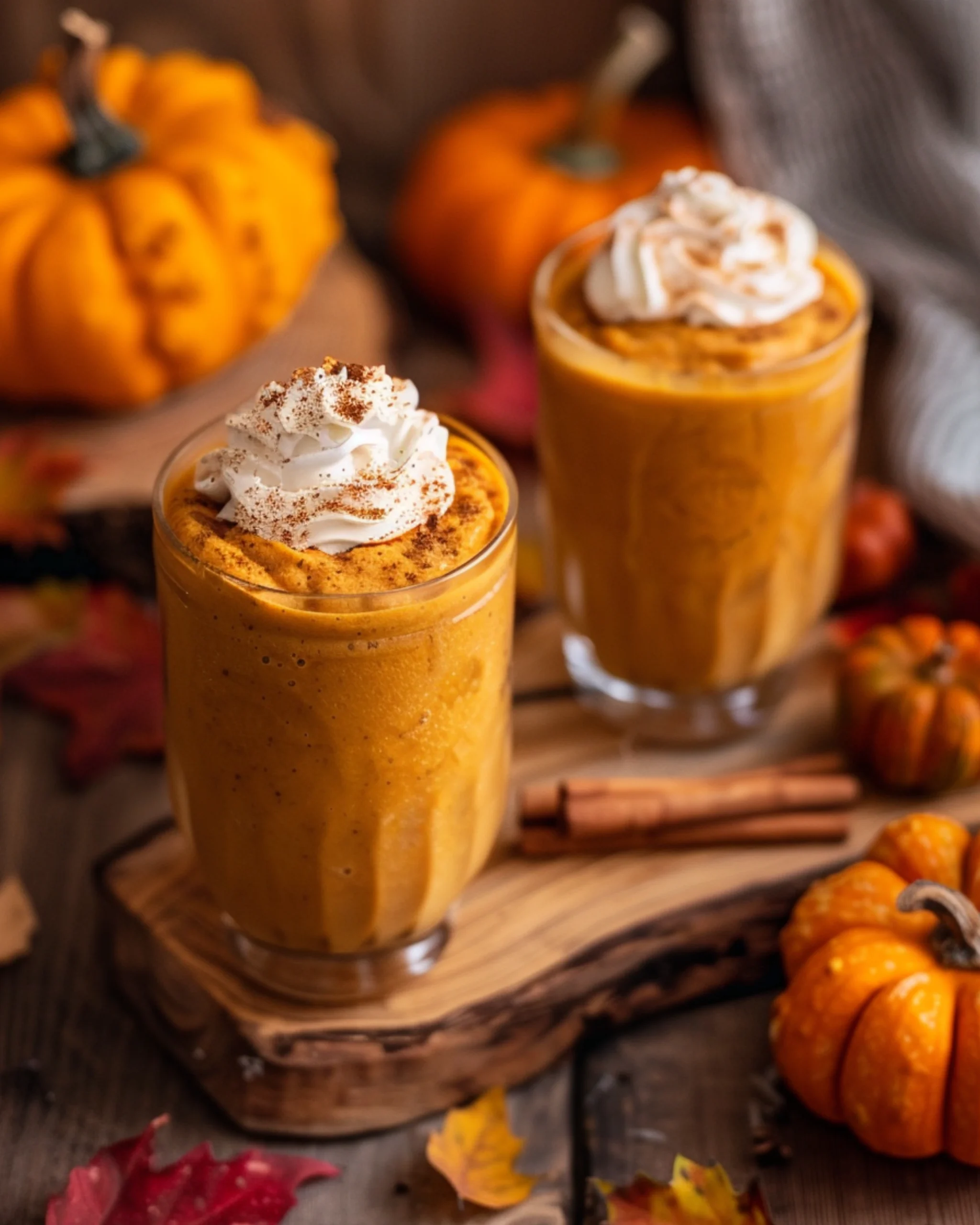 Healthy pumpkin smoothies topped with whipped cream and cinnamon