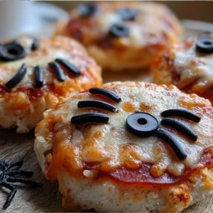 Spooky mini spider pizzas with olive spiders
