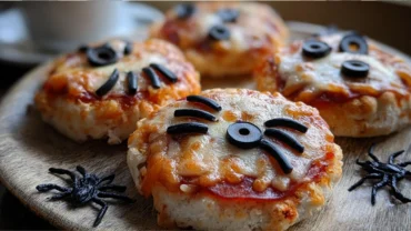 Spooky mini spider pizzas with olive spiders