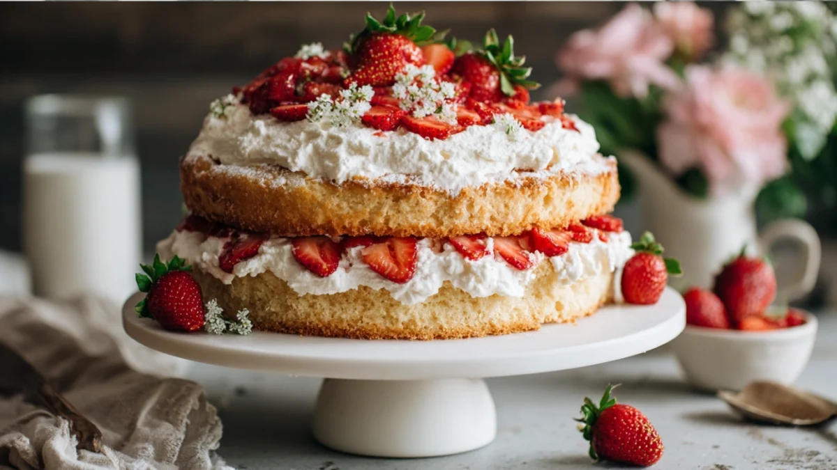 Strawberry shortcake cake mix recipe with whipped cream and strawberries