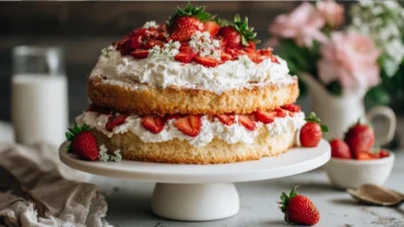 Strawberry shortcake cake mix recipe with whipped cream and strawberries