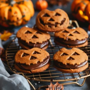 Halloween jack-o’-lantern pumpkin sugar sandwich cookies on cooling rack