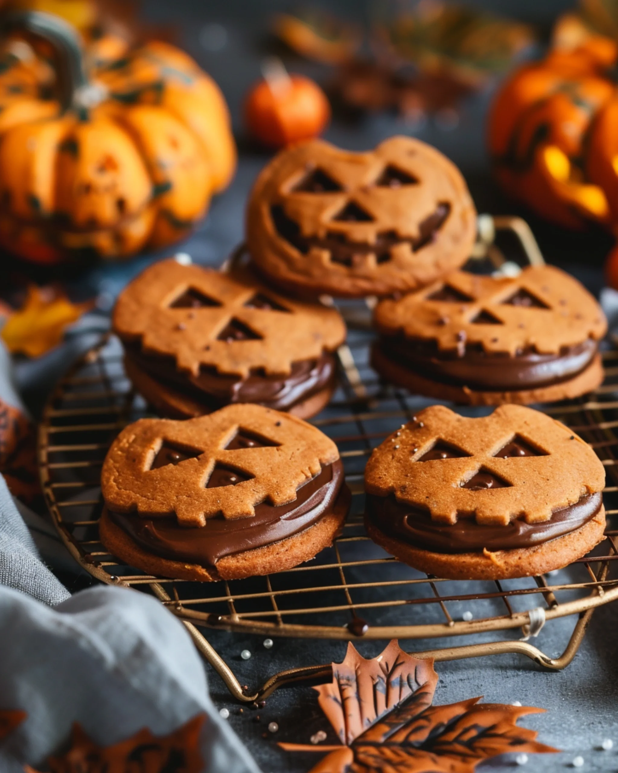 Halloween jack-o’-lantern pumpkin sugar sandwich cookies on cooling rack