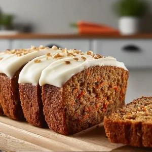 Carrot cake loaf with cream cheese frosting and slices served on plates with coffee mugs, styled on a modern kitchen table.