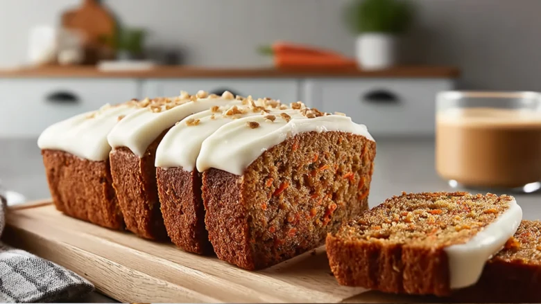 Carrot cake loaf with cream cheese frosting and slices served on plates with coffee mugs, styled on a modern kitchen table.