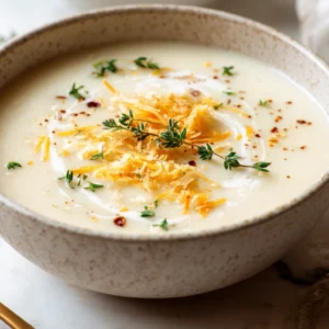 Bowl of cheddar garlic herb potato soup topped with cheese and parsley, served on a marble kitchen island in a modern white kitchen.