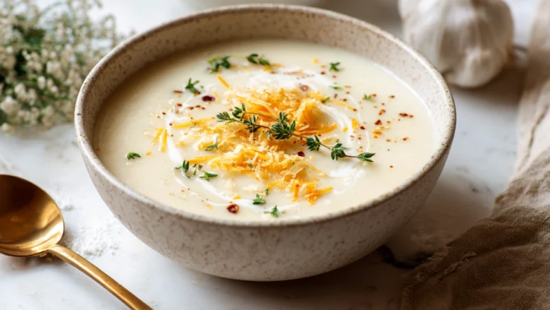 Bowl of cheddar garlic herb potato soup topped with cheese and parsley, served on a marble kitchen island in a modern white kitchen.