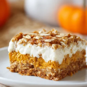 Close-up of a slice of high protein cottage cheese pumpkin bake on a white plate, layered with creamy cottage cheese, spiced pumpkin, and oat crumble topping.