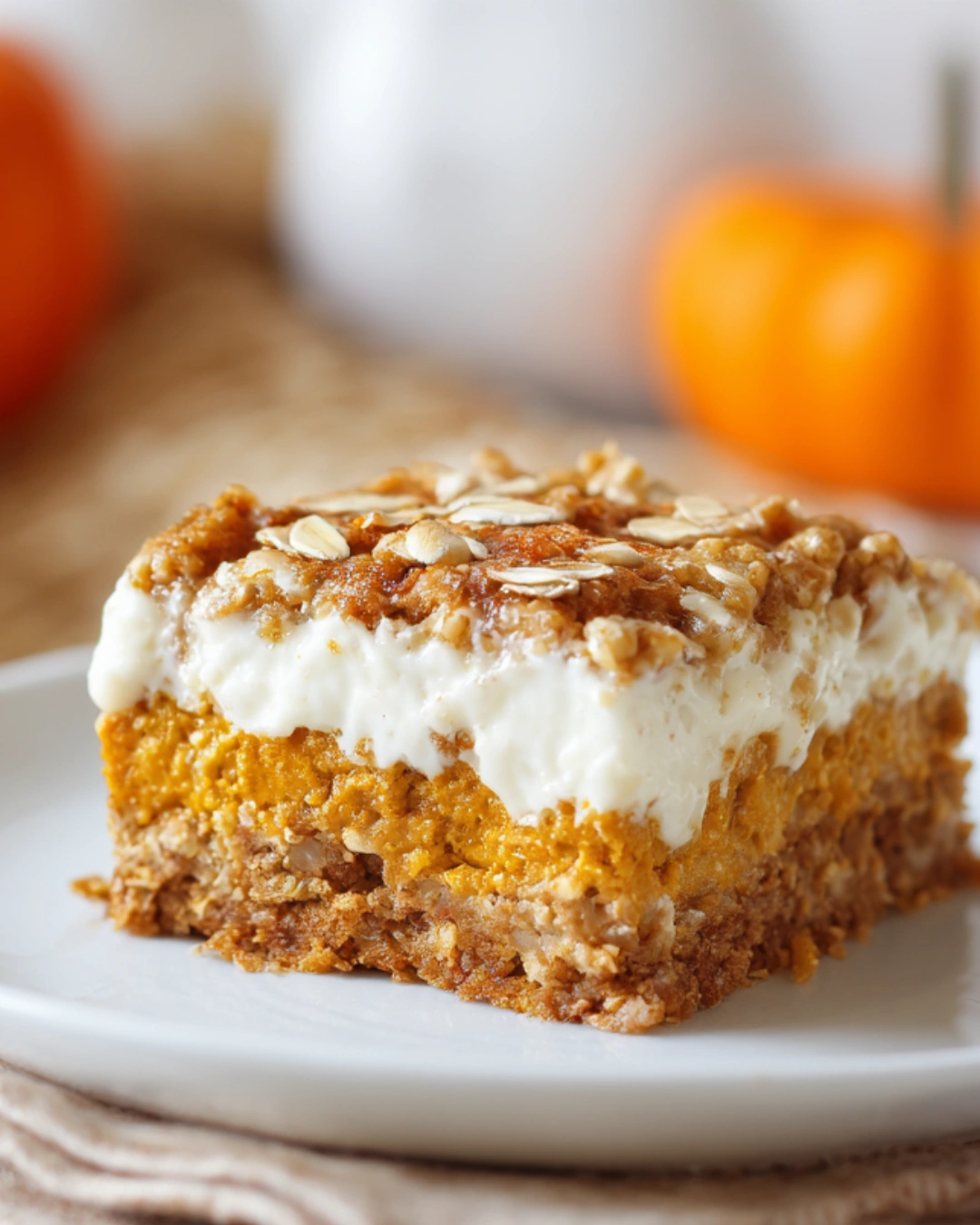 High Protein Cottage Cheese Pumpkin Bake – Healthy Fall Dessert 3 Close-up of a slice of high protein cottage cheese pumpkin bake on a white plate, layered with creamy cottage cheese, spiced pumpkin, and oat crumble topping.