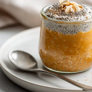 Close-up of pumpkin overnight oats in a jar, creamy layers of oats and pumpkin topped with pecans and spice.