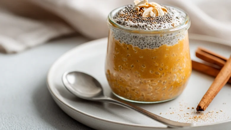 Close-up of pumpkin overnight oats in a jar, creamy layers of oats and pumpkin topped with pecans and spice.