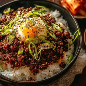 Cozy table scene with Korean beef bowl, chopsticks, and small side dishes of kimchi