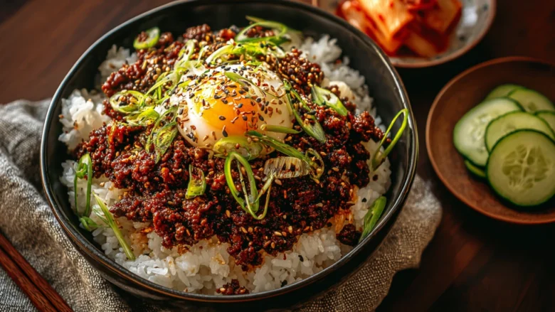 Cozy table scene with Korean beef bowl, chopsticks, and small side dishes of kimchi
