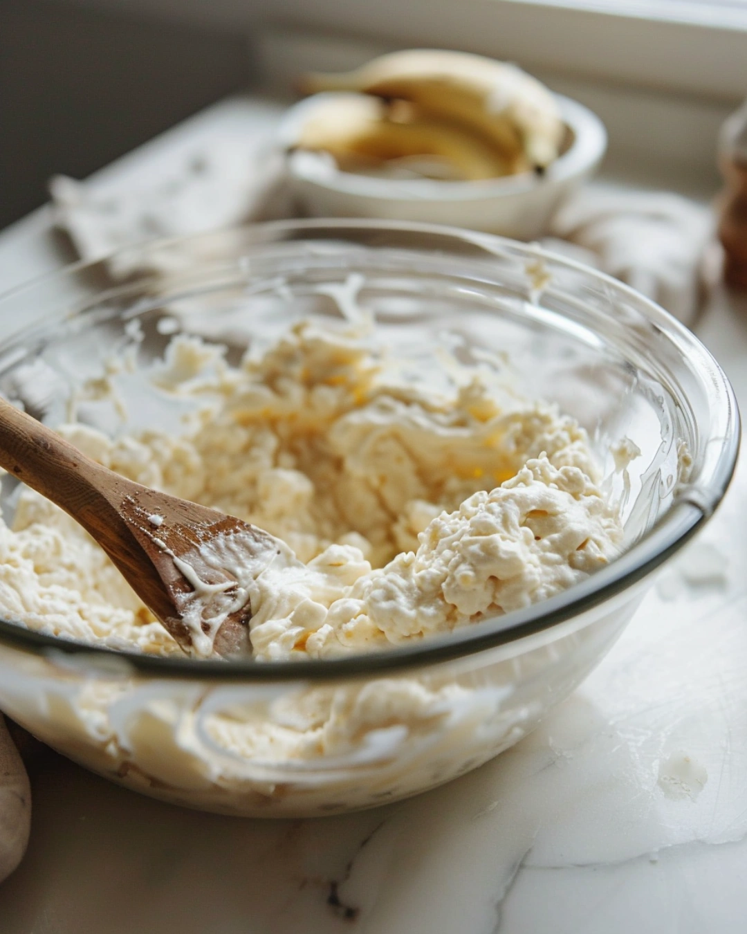 Mixing Cottage Cheese Banana Bread batter in glass bowl
